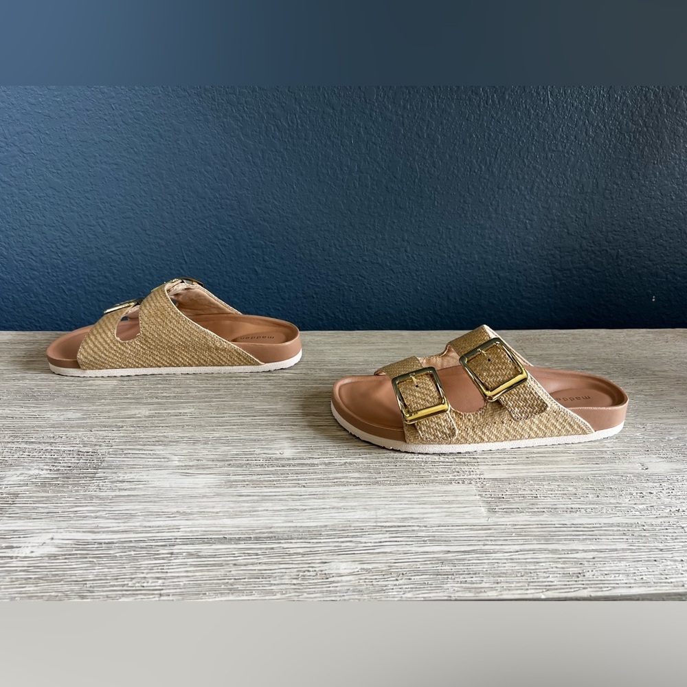 NWOT!!! Madden Girl Tan Slide Sandals with Gold Buckles - Picture 1 of 6